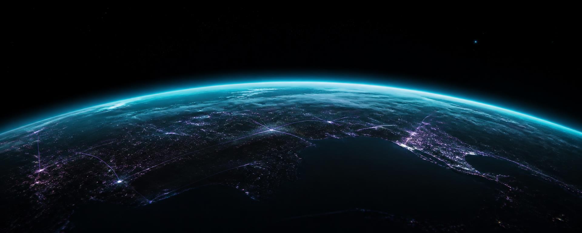Earth at night, continents threaded with glowing connections